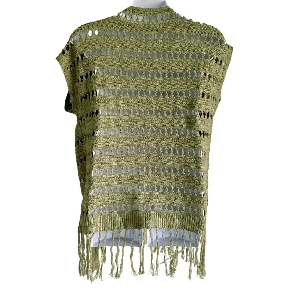 Jolie & Joy Green Open Knit Sleeveless Cardigan Tassels Junior's Size Medium NEW